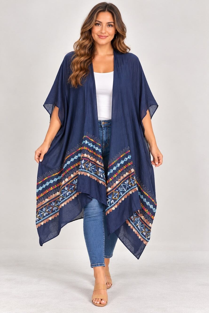 Navy Blue Women’s Embroidered Kimono Cardigan One Size Boho Open Front Duster